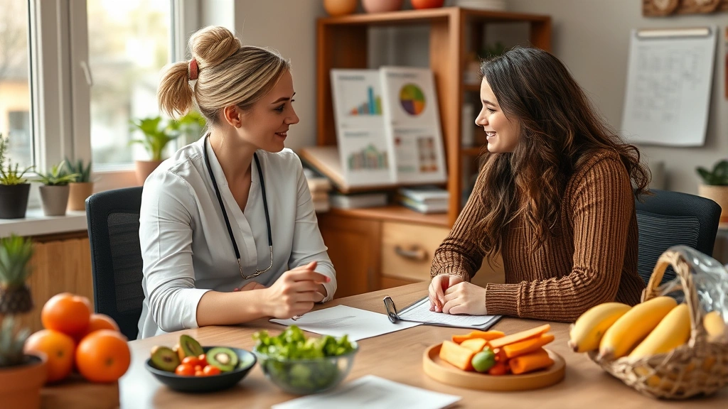 Nutritionist consulting with patient at desk with healthy food samples and nutrition charts visible, warm professional environment