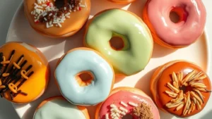 Overhead flat lay composition of colorful glazed donuts with various toppings arranged on white ceramic plate, natural morning light casting soft shadows, close-up food photography style