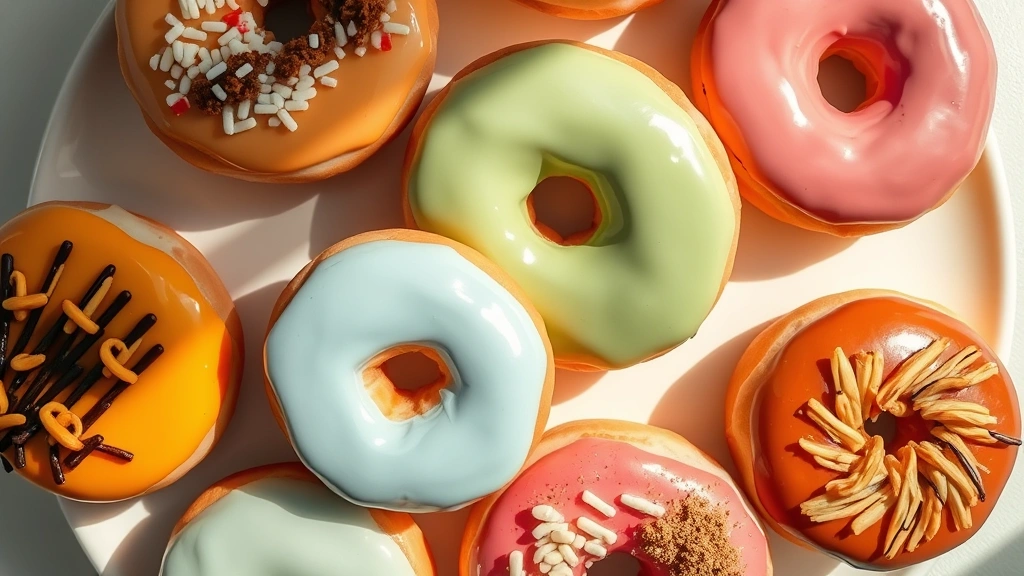 Overhead flat lay composition of colorful glazed donuts with various toppings arranged on white ceramic plate, natural morning light casting soft shadows, close-up food photography style