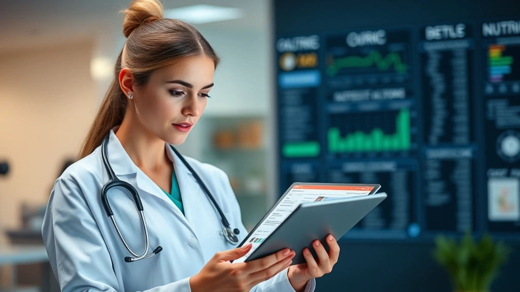 Registered dietician in clinical setting reviewing nutrition charts and calorie data on tablet, professional medical environment with blurred background, focused analytical expression