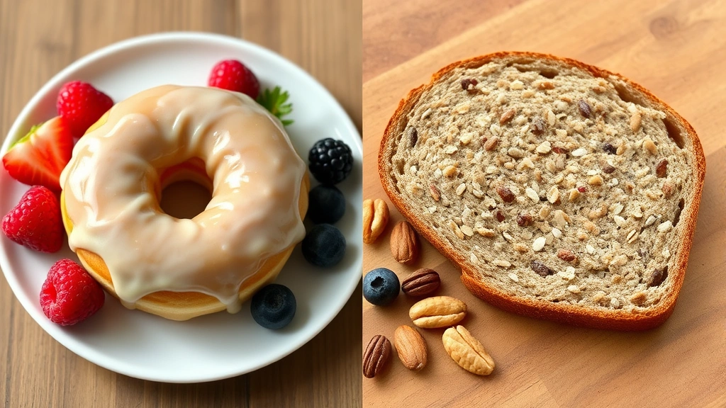 Split-screen comparison showing glazed donut next to fresh berries, nuts, and whole grain toast on wooden surface, contrasting indulgent versus nutritious breakfast choices, natural lighting