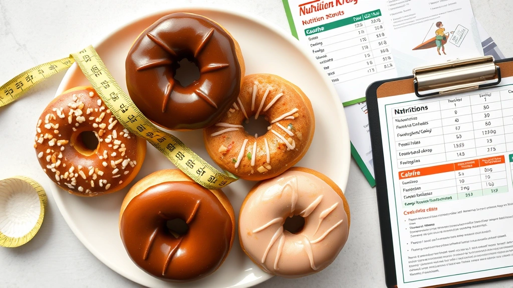 Overhead flat lay of assorted Krispy Kreme donuts on white plate with measuring tape, nutritional chart, and clipboard showing calorie counts and macronutrient data, professional nutrition photography style