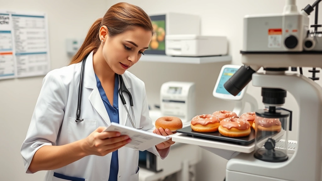 Dietitian consultant in clinical setting reviewing nutrition facts labels and donut samples, analyzing nutritional information with scientific equipment and food scale, healthcare professional environment