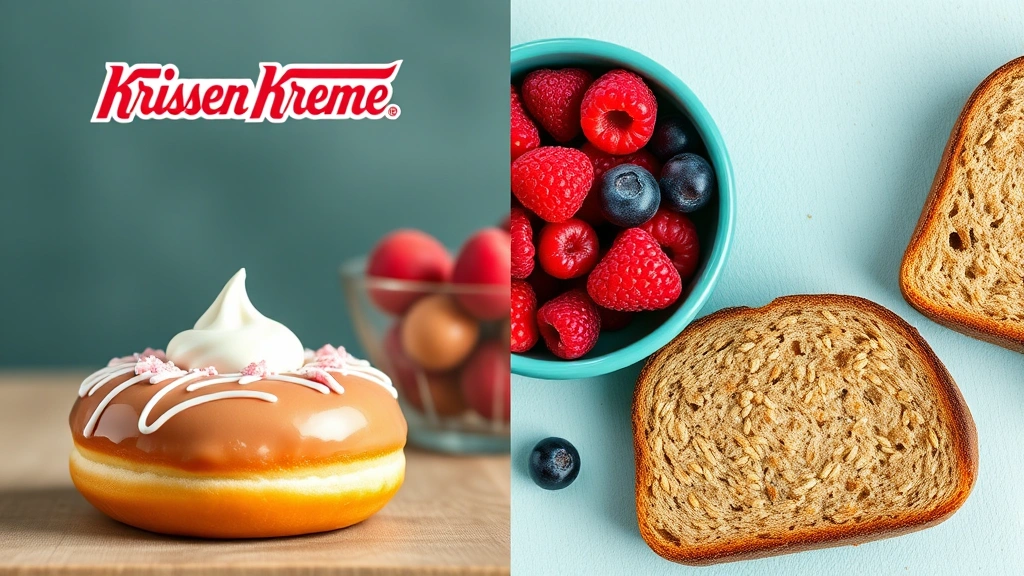 Split-screen comparison showing Krispy Kreme donut alongside healthy breakfast alternatives like Greek yogurt, berries, and whole grain toast, nutritional balance concept visualization