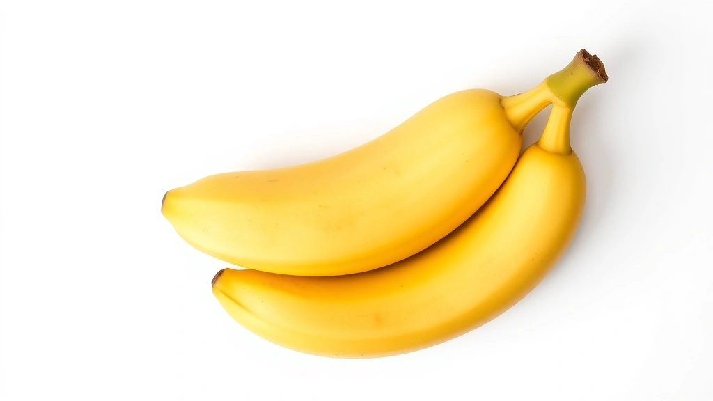 Fresh large yellow banana isolated on clean white background, showing natural ripeness and vibrant color, overhead flat lay perspective, professional food photography style