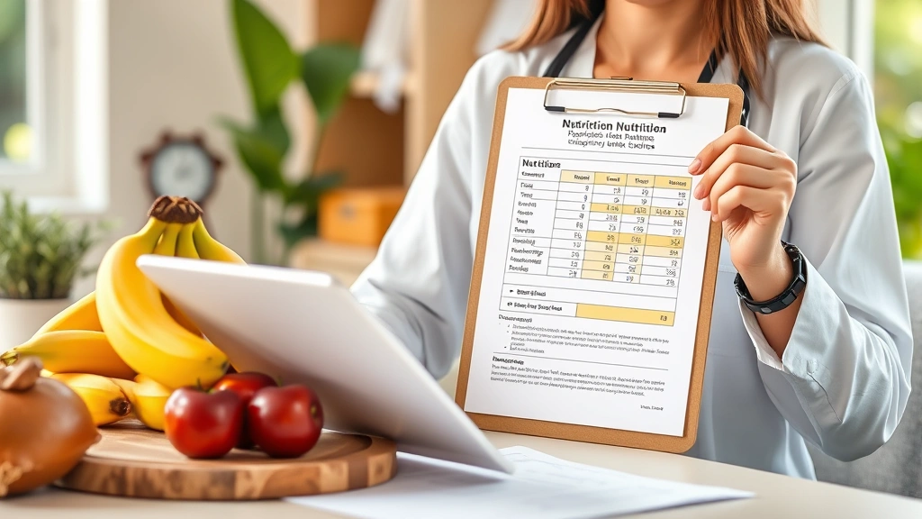 Nutritionist or dietitian reviewing banana nutrition data on clipboard with fresh bananas and healthy food items on desk, focused professional setting, natural daylight