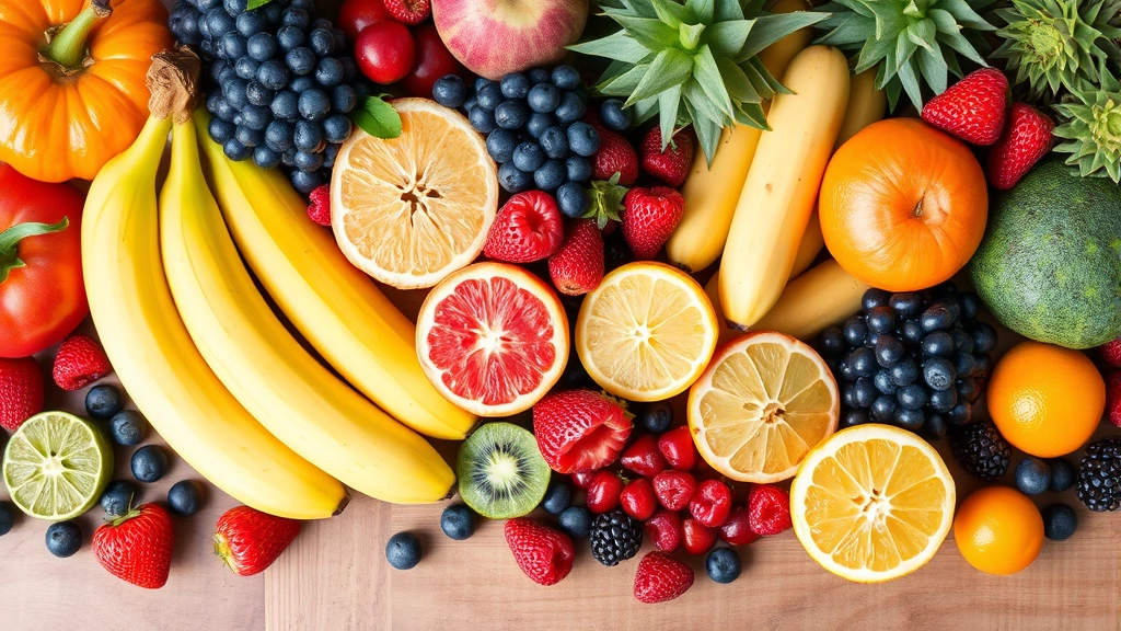 Colorful array of fresh fruits including ripe bananas, berries, and citrus fruits arranged on wooden surface, representing balanced nutrition and healthy eating habits