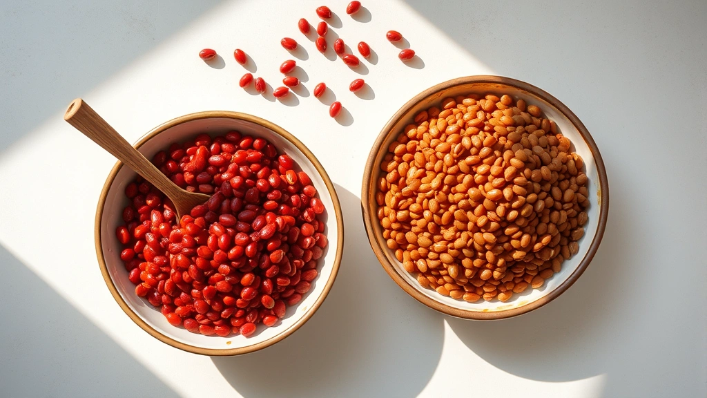 Overhead flat lay of vibrant red and brown lentils in ceramic bowls with wooden spoon, natural sunlight, nutritional abundance aesthetic, no text or labels visible, clean minimalist composition