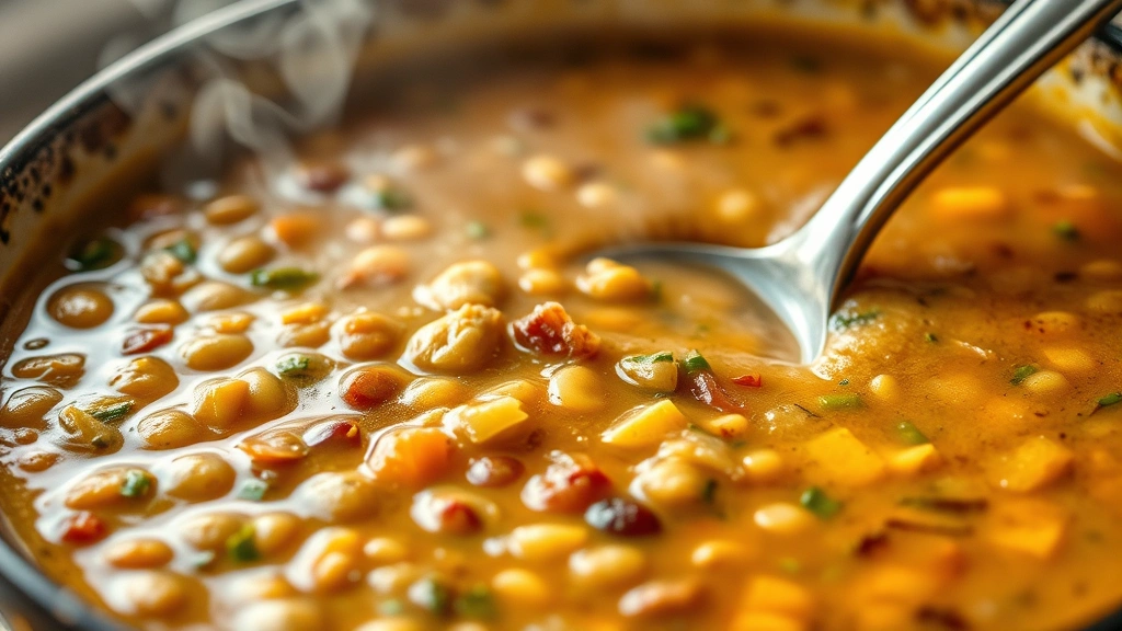 Close-up of steaming bowl of golden lentil soup with visible legumes and vegetables, steam rising, spoon resting inside, warm kitchen lighting, photorealistic texture detail, no text elements
