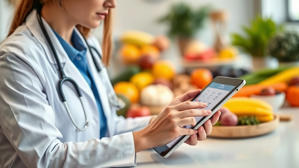 Nutritionist or healthcare professional reviewing nutritional data on tablet at desk, blurred healthy food items in background, professional medical setting, no visible text on screen