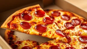 Close-up of a large pepperoni pizza slice being lifted from a box, showing melted cheese and toppings in detail, warm lighting, appetizing presentation, no text visible