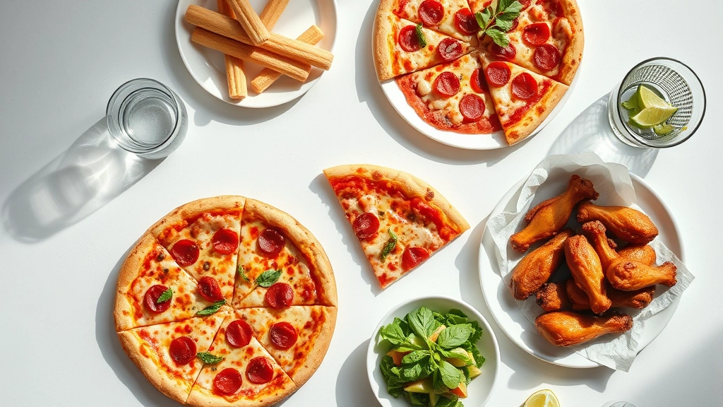 Flat lay arrangement of pizza slices, breadsticks, and wings on a table with a water glass and salad bowl, natural daylight, minimalist composition, food photography style