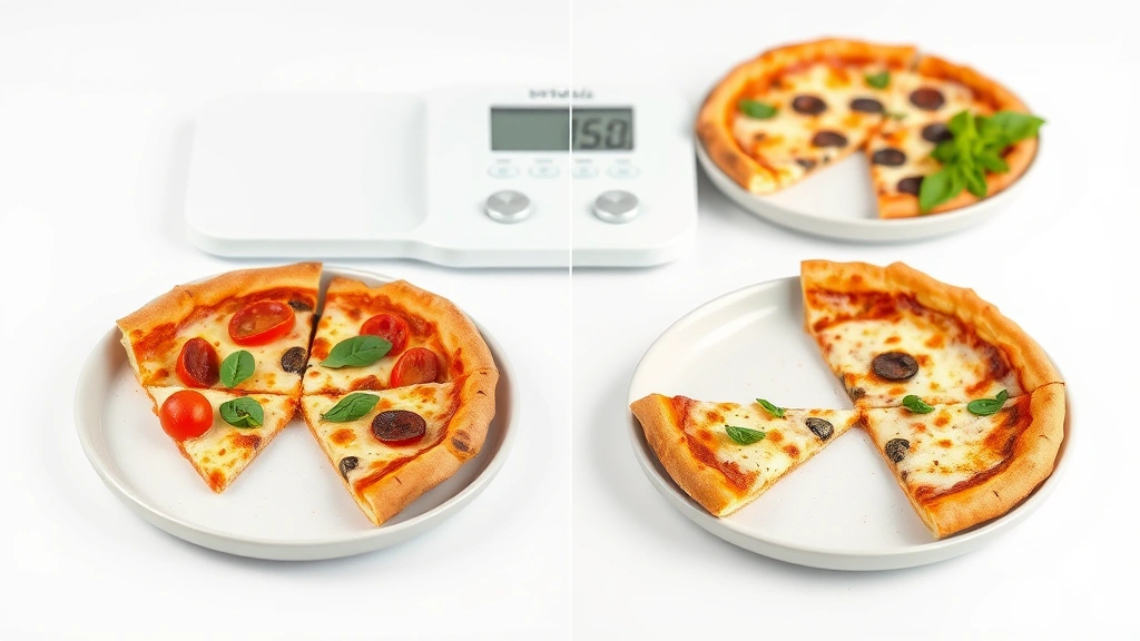 Split-screen comparison of different pizza portions on plates with nutritional scale in background, showing portion sizes, professional food styling, clean white background