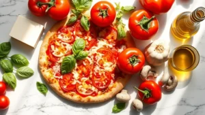 Flat lay photography of fresh pizza ingredients—mozzarella cheese, tomatoes, basil, bell peppers, mushrooms, and olive oil arranged on white marble countertop with natural daylight streaming across surface, professional food styling, depth of field