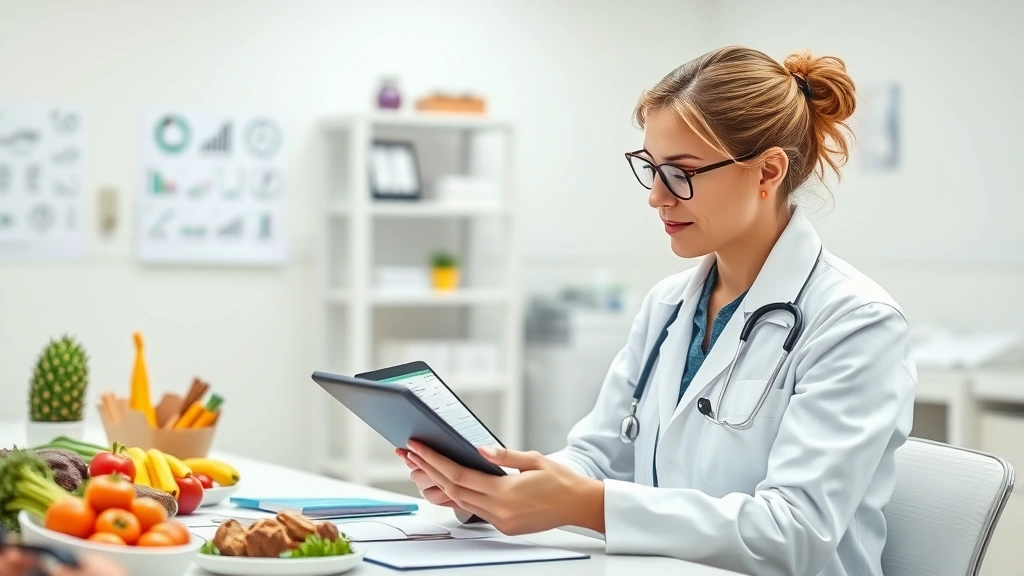 Modern registered dietitian in white coat reviewing nutritional charts and food composition data on digital tablet in bright clinic environment, sitting at desk surrounded by nutritional reference materials and food models, professional healthcare setting
