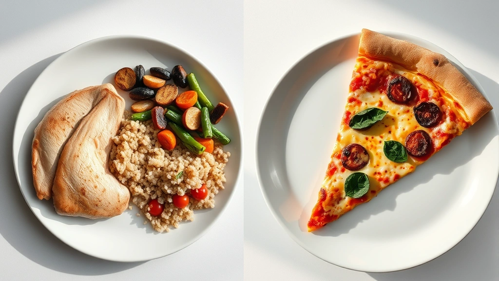 Split-screen visual comparison showing a balanced meal plate on left side (grilled chicken, quinoa, roasted vegetables) next to a pizza slice on right side, both on white ceramic plates with subtle shadow detail, minimalist composition highlighting nutritional contrast