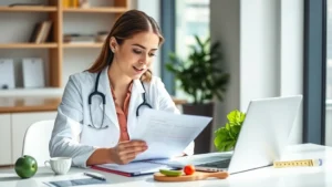 Professional dietitian reviewing nutrition documents at modern desk with laptop, fresh vegetables and measuring tools visible, natural daylight, focused analytical expression