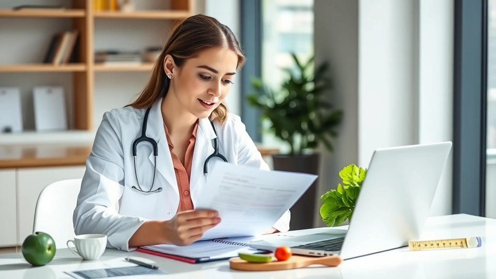 Professional dietitian reviewing nutrition documents at modern desk with laptop, fresh vegetables and measuring tools visible, natural daylight, focused analytical expression