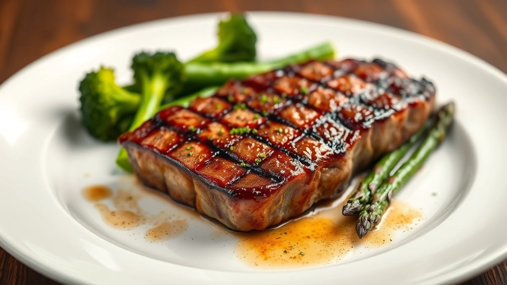 High-quality grilled lean steak on white plate with steamed broccoli and asparagus, professional restaurant plating, appetizing presentation, soft studio lighting