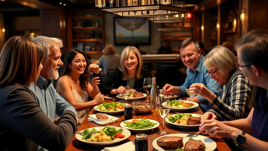 Diverse group of adults dining together at casual steakhouse, enjoying healthy meal portions with vegetables and lean proteins, warm ambient lighting, genuine social interaction
