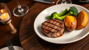 Professional steakhouse dining setting with elegantly plated grilled filet mignon, steamed broccoli, and sweet potato on white ceramic plate, soft restaurant lighting, overhead shot, photorealistic, no text or labels visible