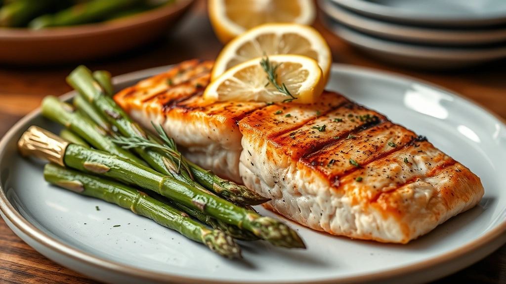 Close-up of grilled salmon fillet with herbs and lemon wedges, roasted asparagus spears, minimalist plating on modern dinnerware, natural warm lighting, food photography style, completely clear of any text