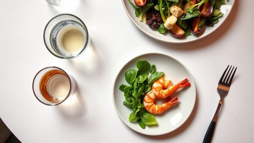 Overhead flat lay of restaurant table with water glass, unsweetened tea cup, grilled shrimp appetizer on small plate, fresh green salad with vinaigrette, white tablecloth background, sophisticated dining composition, photorealistic, no visible text elements