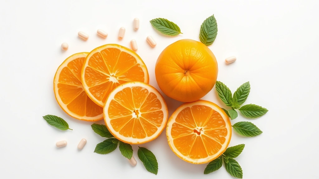 Overhead flat lay composition of mandarin orange segments, whole mandarin, and cross-section showing white pith, surrounded by scattered vitamin C pills and fresh mint leaves, soft natural lighting, clean minimalist aesthetic, no text or labels visible