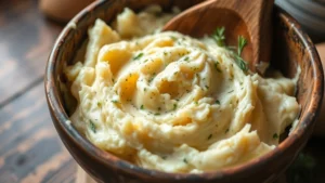 Close-up of creamy mashed potatoes being prepared in a rustic kitchen bowl with fresh herbs and potatoes, warm natural lighting, homemade comfort food aesthetic, no text or labels visible