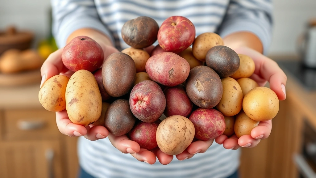 Hands holding and displaying whole potatoes of various colors including red, purple, and golden varieties against a neutral kitchen background, emphasizing diversity and natural food, no text overlays