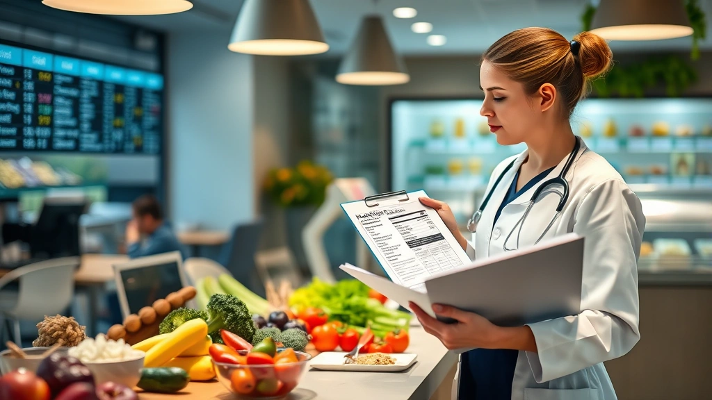 Professional dietitian reviewing nutrition labels and meal preparation at restaurant counter, holding clipboard with nutritional charts, modern clinical setting with fresh vegetables and healthy ingredients visible
