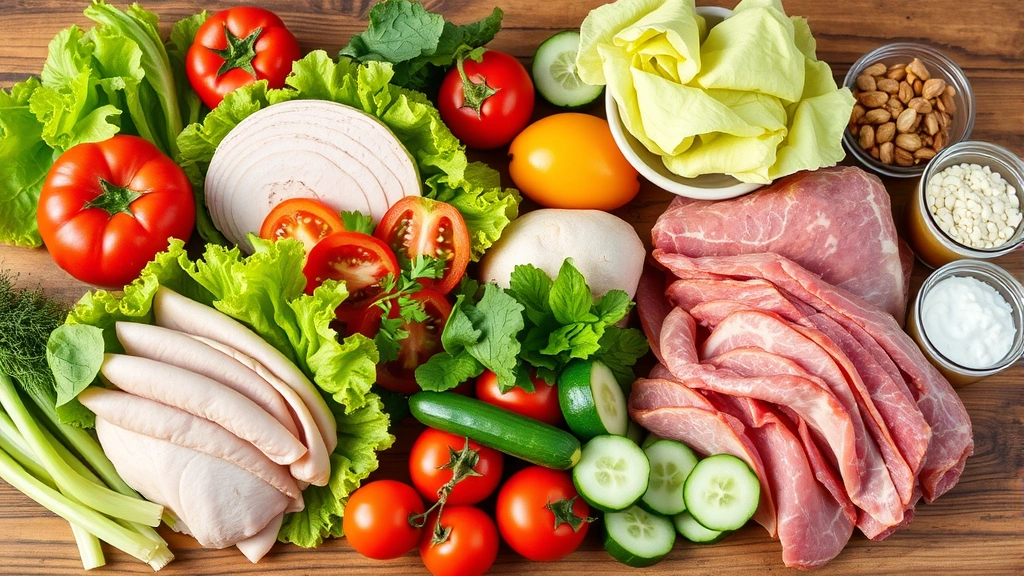 Colorful fresh vegetables and deli meats arranged on wooden surface, showing turkey breast, lettuce, tomatoes, cucumbers, and condiments, natural lighting highlighting ingredient quality and freshness