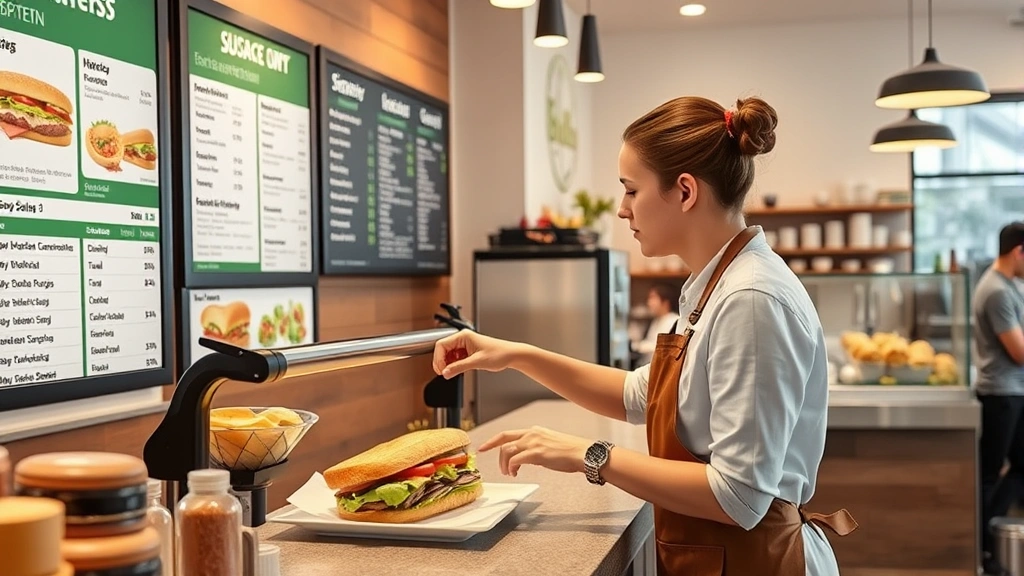 Person customizing sandwich order at restaurant counter, pointing to menu board with nutritional information displayed, staff member preparing modifications, bright modern restaurant environment with health-conscious atmosphere