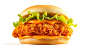 Close-up of a McDonald's McChicken sandwich showing golden breaded chicken patty, white bun, lettuce, and sauce in warm professional lighting, isolated on white background