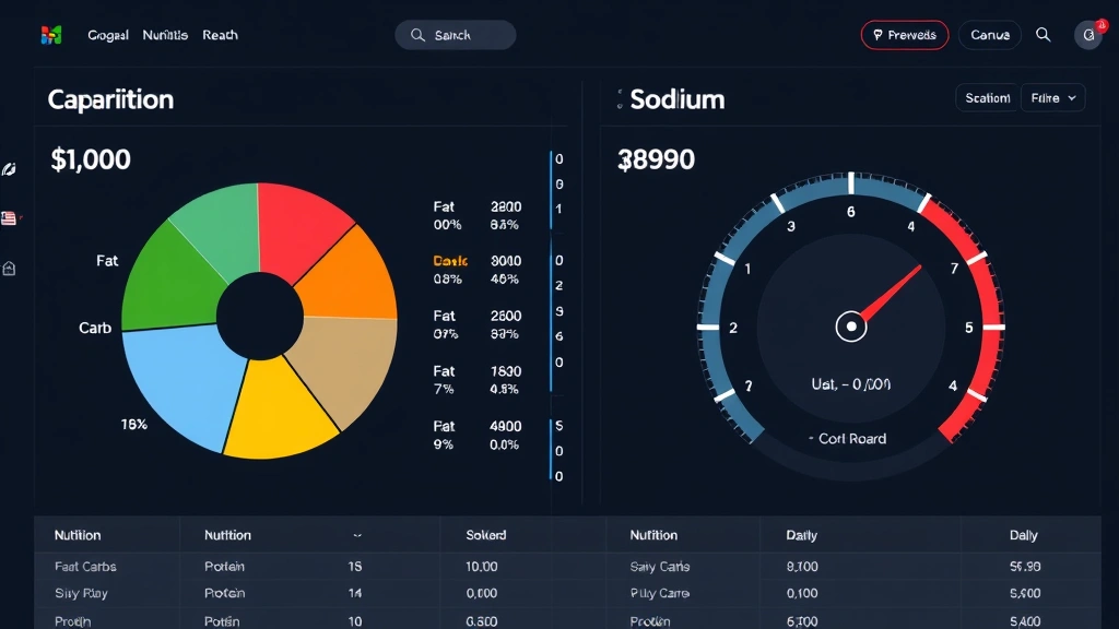 Split-screen comparison showing nutrition data visualization: left side displays macronutrient pie chart with fat, carbs, protein percentages; right side shows sodium gauge against daily limits, modern analytics dashboard style