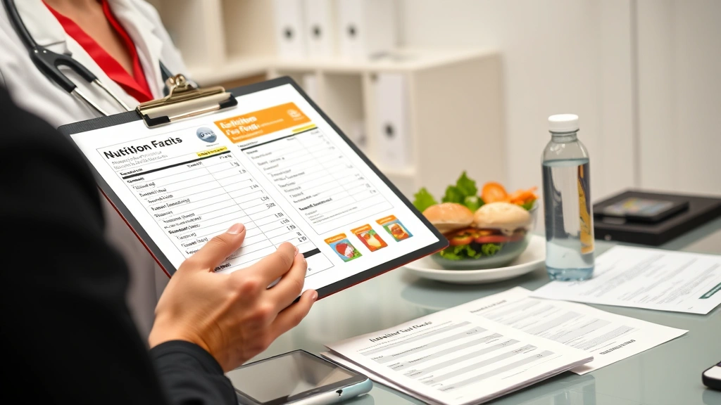 Dietitian holding clipboard reviewing fast-food nutrition labels and sandwich comparisons on desk with salad bowl, water bottle, and health assessment documents in professional medical office setting