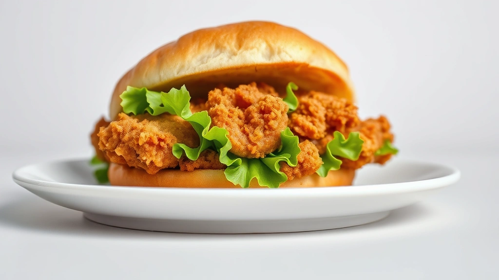 Close-up of a crispy fried chicken sandwich on a white plate with fresh green lettuce and golden breading visible, professional food photography lighting, clean minimalist background, shallow depth of field emphasizing texture