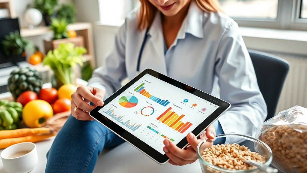 Nutritionist reviewing colorful nutrition data charts and graphs on a modern tablet device, surrounded by healthy food items including fresh vegetables and whole grains, natural daylight from window, professional office environment