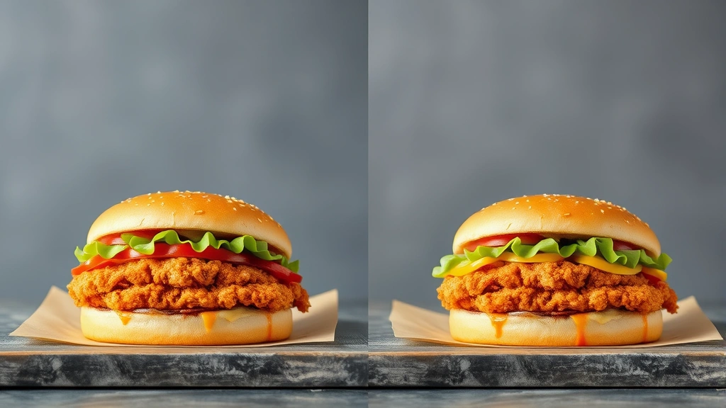 Split-screen comparison of fast food chicken sandwiches from different restaurants displayed side by side on neutral background, showing relative size and composition differences, professional product photography style