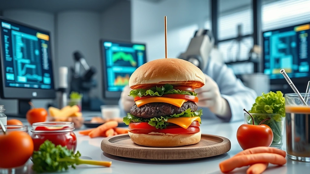 Professional food nutritionist analyzing burger components on modern laboratory desk with digital nutrition data displays, scientific equipment, fresh ingredients, clinical lighting, no text visible
