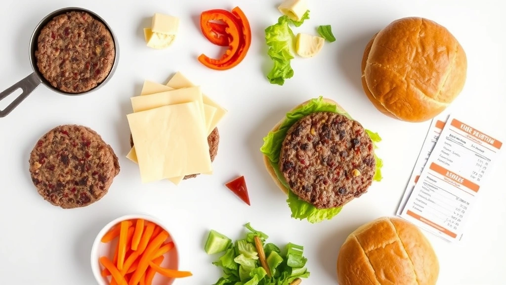 Close-up overhead view of deconstructed burger showing beef patties, cheese, vegetables, bun separated on clean white surface with measuring implements and nutritional reference cards nearby