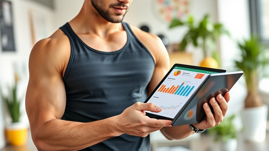 Modern fitness and nutrition professional reviewing dietary charts on tablet while holding healthy meal, bright contemporary office setting, health metrics visible but no screen text legible