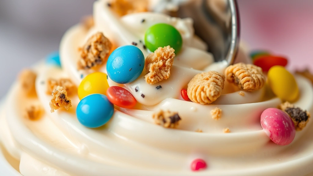 Close-up of a melting vanilla soft-serve ice cream with colorful candy pieces and cookie crumbles being mixed in with a spoon, frozen dessert being prepared, macro photography of ice cream texture and toppings, vibrant food styling