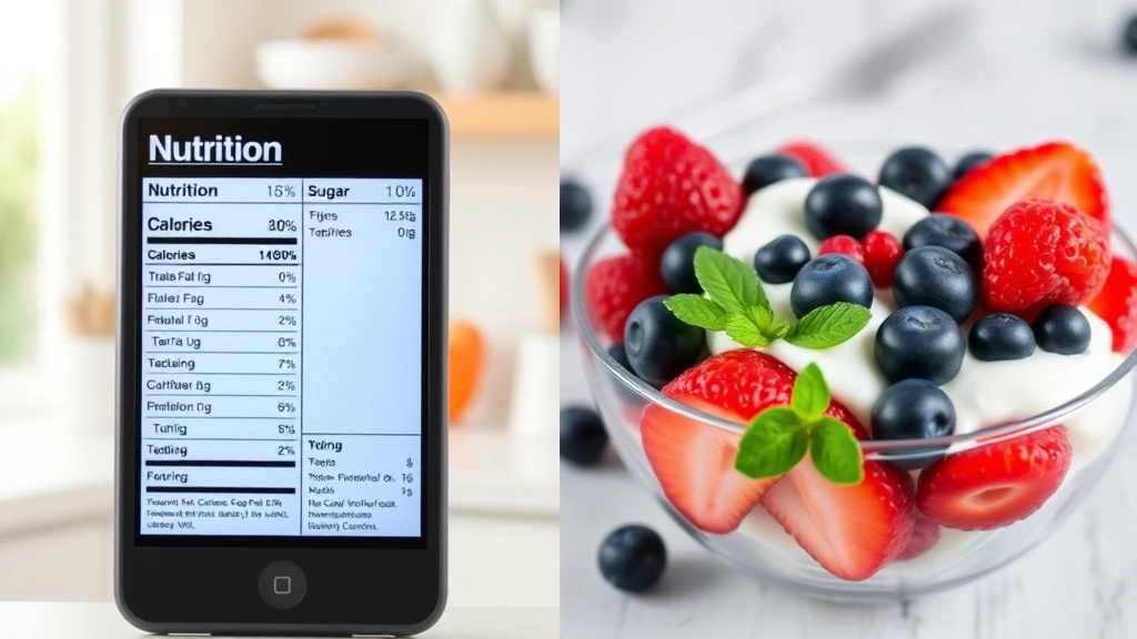 Split-screen comparison showing a digital nutrition label on left side displaying calorie and sugar information, and fresh fruit bowl with berries and yogurt on right side, healthy food alternative concept, bright kitchen background