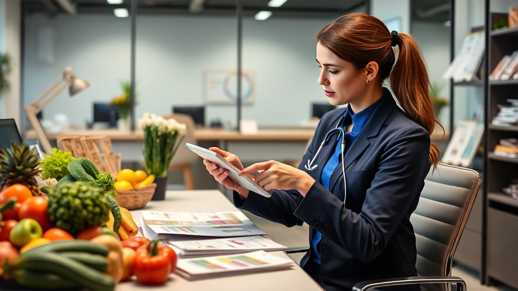 Dietitian or nutritionist in professional attire reviewing nutrition data on tablet device while seated at desk with fresh produce and nutritional guides, health professional analyzing dietary information, modern medical office setting