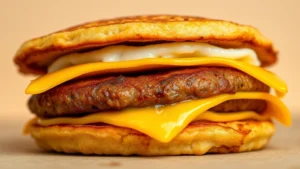 Close-up of a McGriddle sandwich showing layers of griddle cakes, sausage patty, egg, and melted cheese against neutral background, warm lighting highlighting food texture, no packaging visible