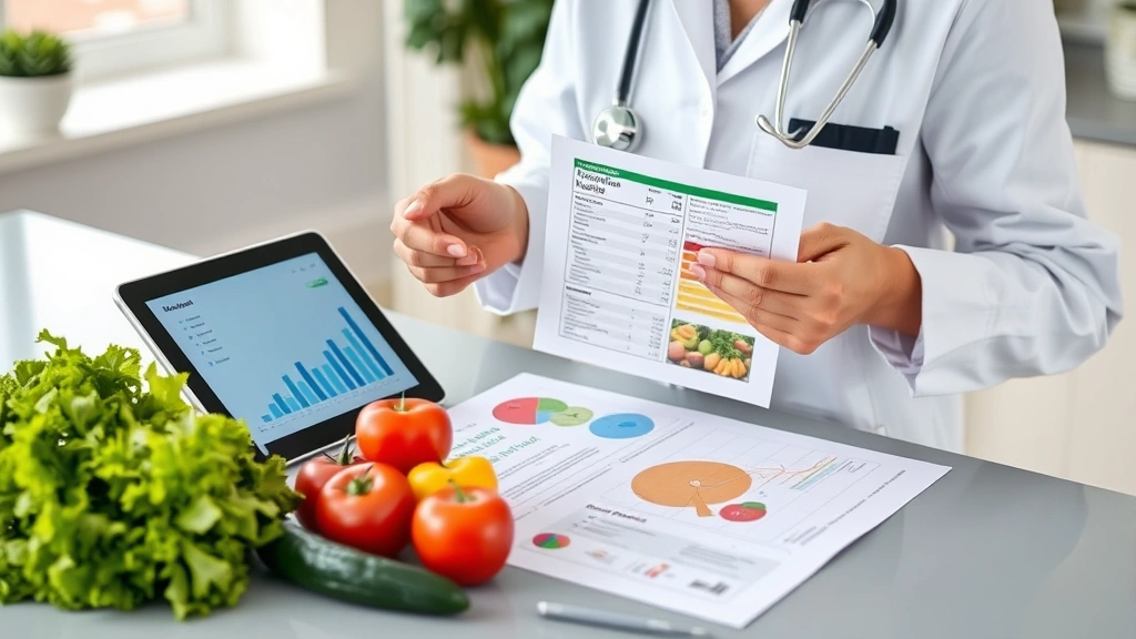 Nutritionist reviewing food labels and nutrition charts on a modern desk with fresh vegetables and a tablet displaying dietary data, professional healthcare setting, soft natural lighting