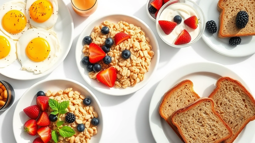 Colorful breakfast comparison spread showing various morning meal options including eggs, oatmeal, yogurt, fruit, and whole grain toast arranged artfully on white plates, bright daylight illumination