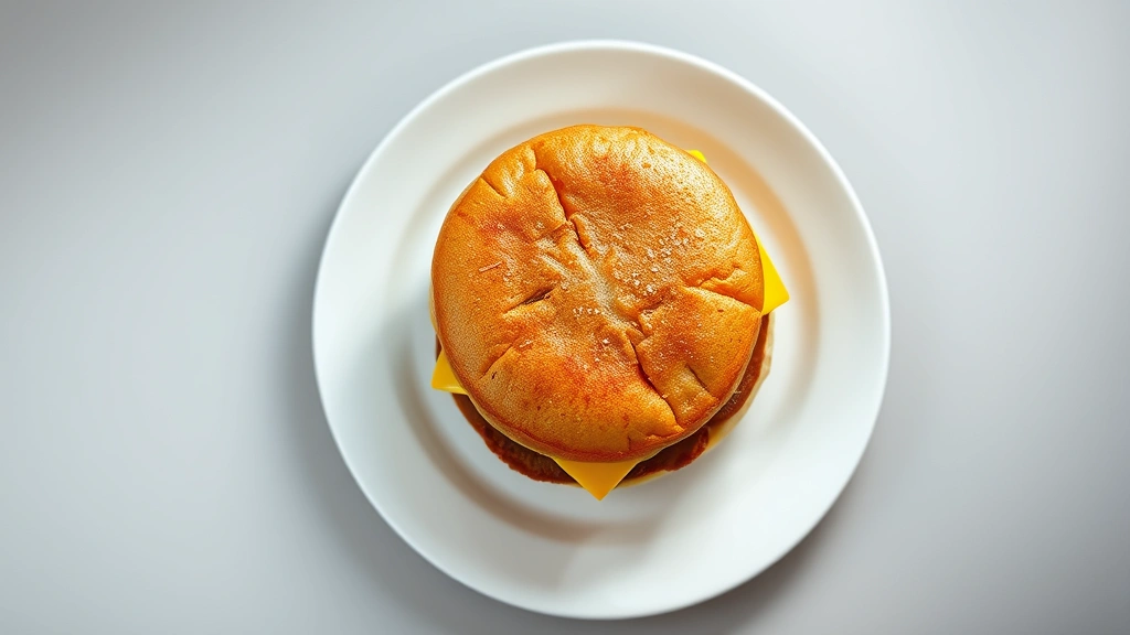 Overhead view of a McDonald's McGriddle breakfast sandwich on white plate with griddle cakes, melted cheese, and meat patty visible, professional food photography lighting, minimalist background, shallow depth of field