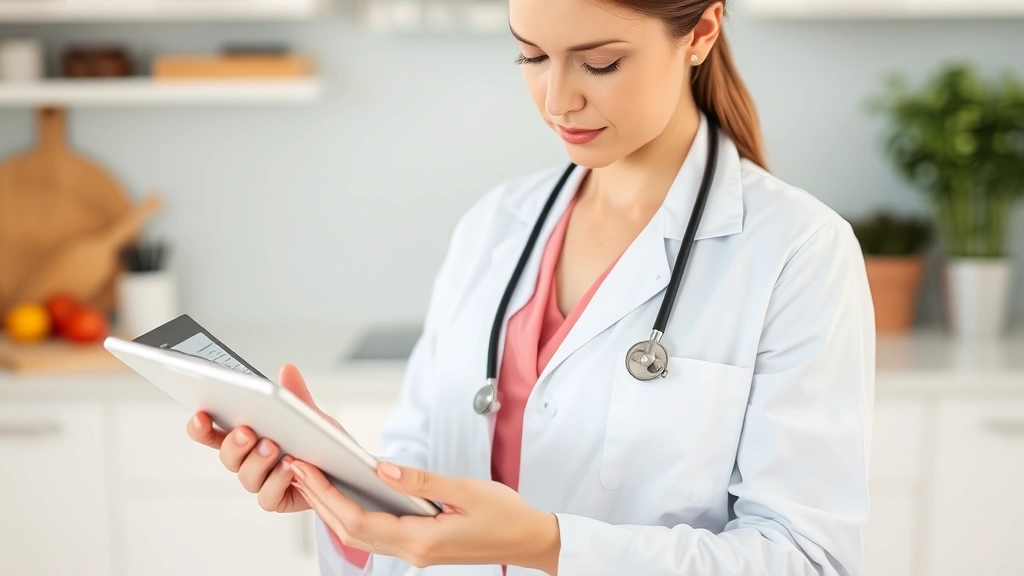 Nutritionist or dietitian in white coat reviewing nutrition label data on tablet or clipboard, blurred kitchen background, natural daylight, professional healthcare setting, analyzing food information